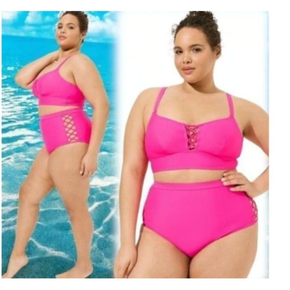 *Torrid 2 Pc Swimsuit Womens Plus 3 Hot Pink Bralette Brief Lace Up Beach Bikini - Picture 2 of 9